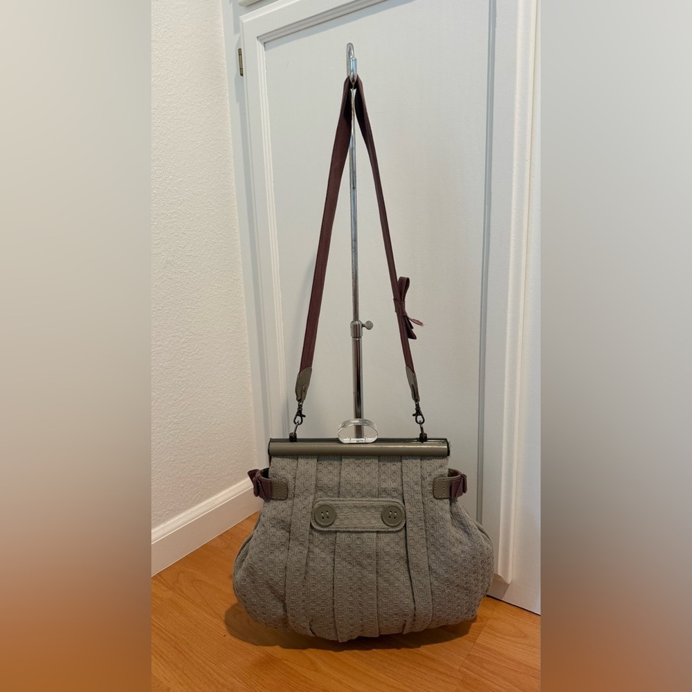 Textured Gray Crossbody Bag with Maroon Strap